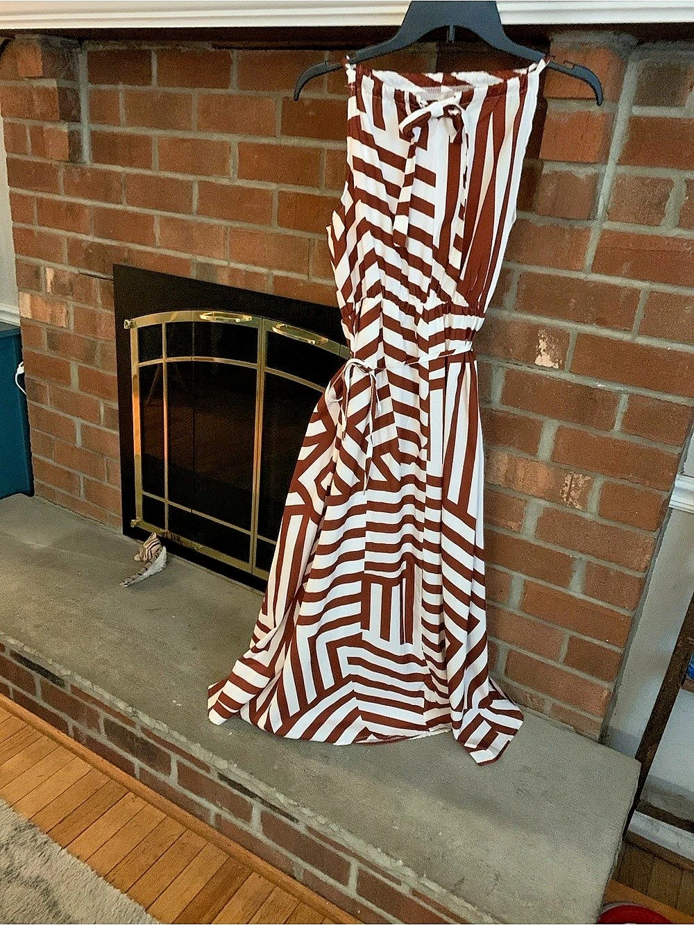 Geometric Maxi Dress in Cranberry & White Size L With Bow around neck and Waist